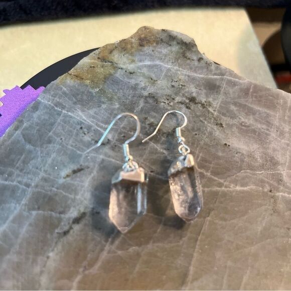 Clear Crystal Quartz Silvertone Point Earrings In Sterling Silver Hooks - Picture 3 of 11